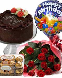 Red Roses W/ Cake , 16 ferrero & Birthday balloon