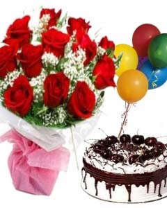 A bunch 12 red roses,5 balloons and 1 kg black forest cake
